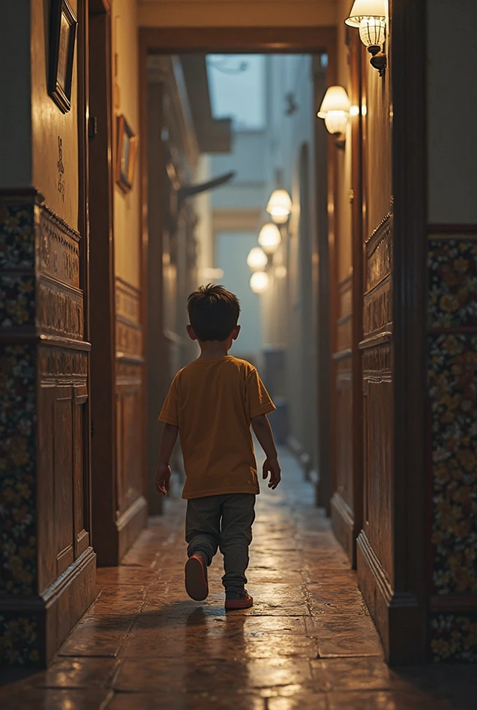 Detalhado, Perfect hands and feet, imagem de um menino caminhando por um corredor de um hospital, inspirado em Michael Komarck, menino ambulante, Arte infantil em Artstation, Directed by: Michael Komarck, rapaz, cinematic photograph concept art, Directed by: Eglon van der Neer, no corredor da escola, walking away from camera, walking away from camera, arte conceitual fotorrealista
