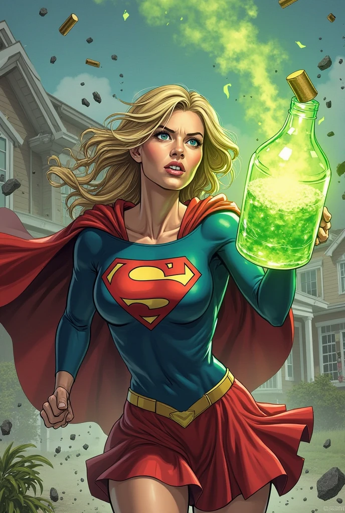 (supergirl portrayed by a cute woman, batters and torn costume, battered and bruised, bound up in glowing green kryptonite chains), super girl is raging and crying, Lex Luthor's lab