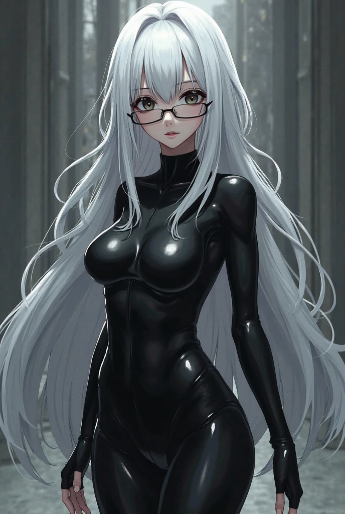 8K UHD、Beauty with small nose with silver hair in black shiny black full-body rider suit wearing glasses standing with legs open facing the front、Wearing a black metallic catsuit、Upper Body Up
