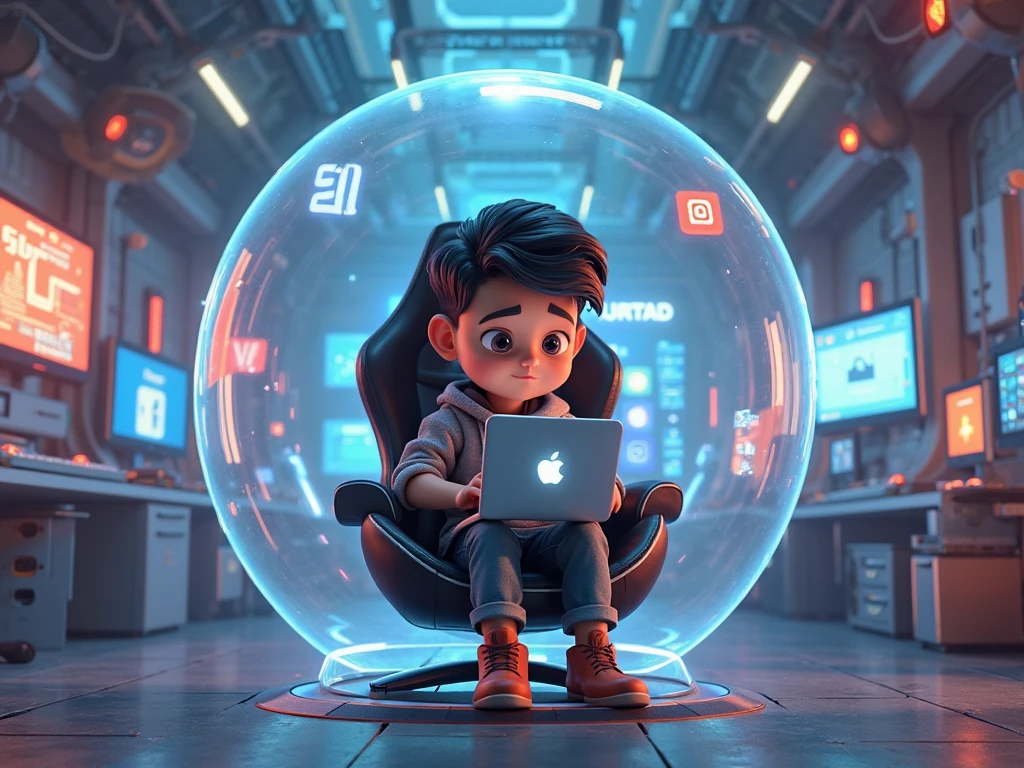 A boy named Nabil boy sitting in a futuristic chair in a futuristic room playing GTA v