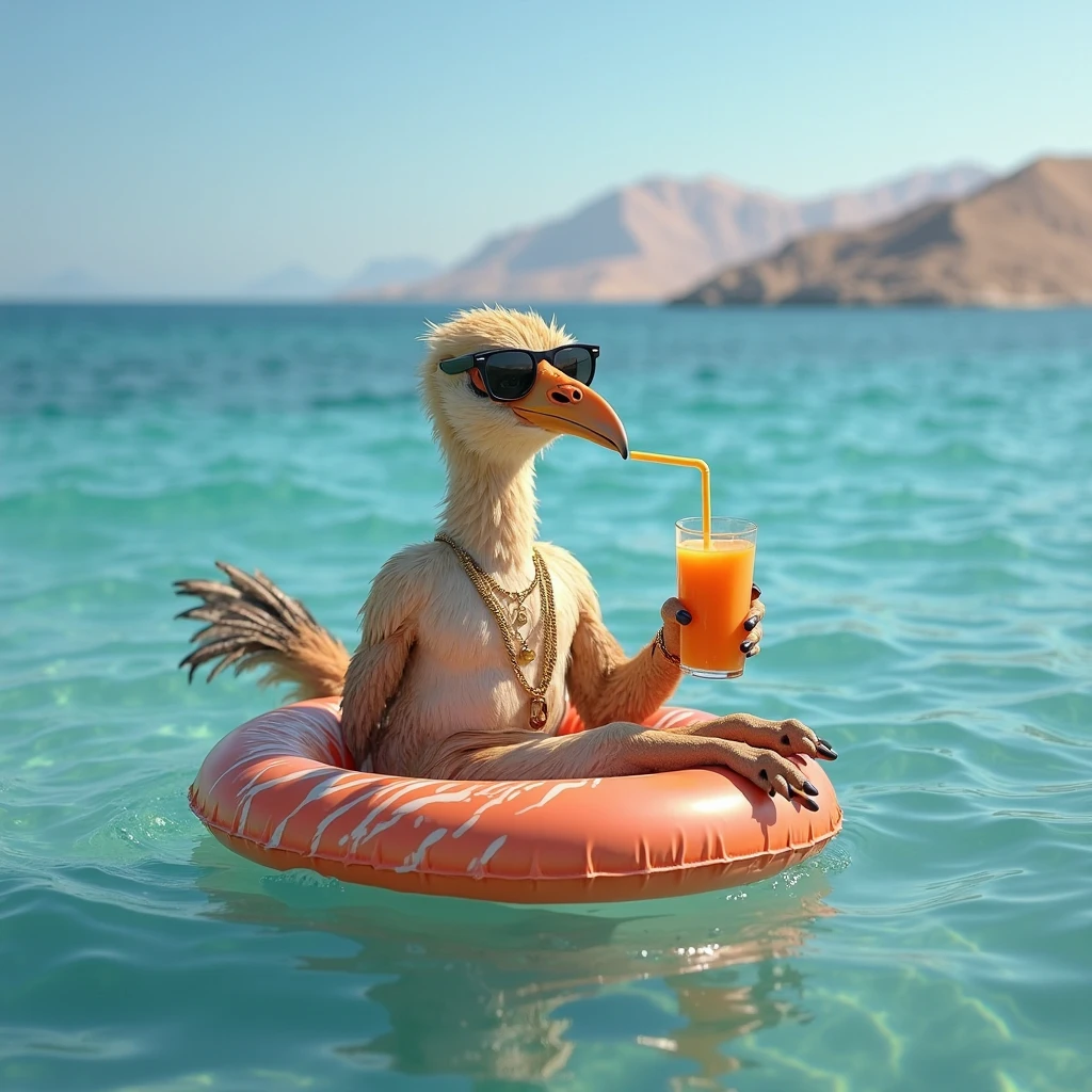 Zsa Zsa, the female anthropomorphic Vain Sulphur-Crested Cockatoo in her yellow bikini is floating on her inflatable donut innertube in her private swimming pool, with her Budgie birdies watching her from the poolside.