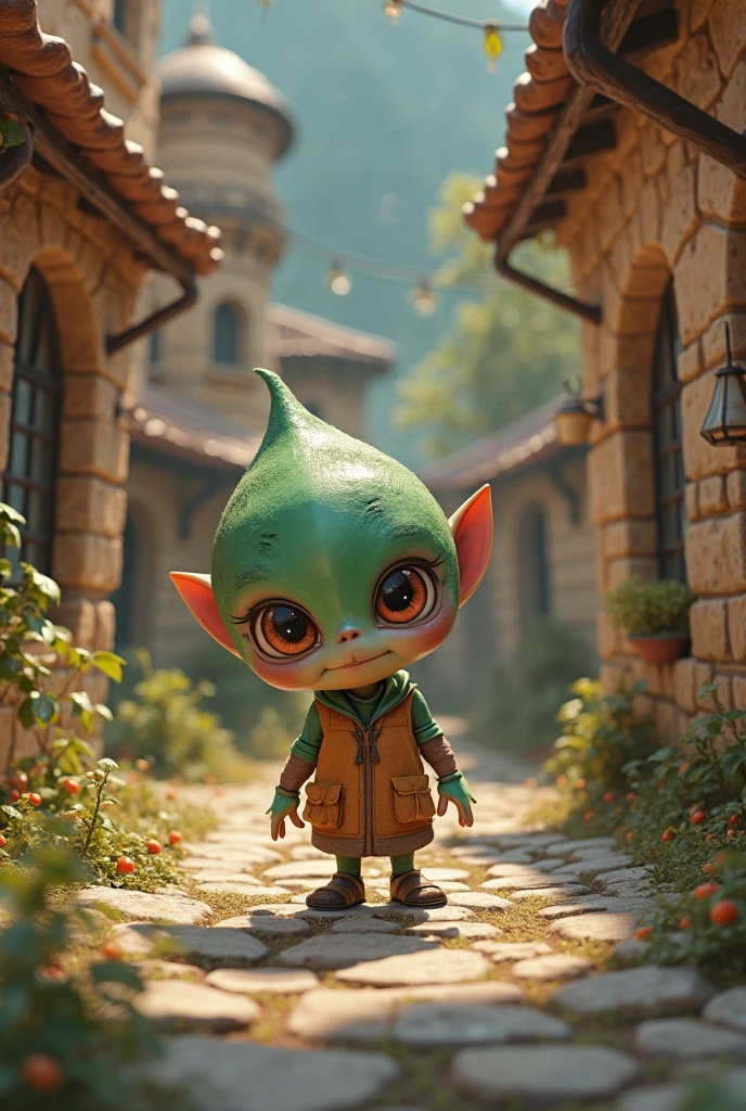 a little female child goblin, her appearance is not childish and innocent, but her appearance is also ugly like a goblin, his skin is completely green like that of a goblin.