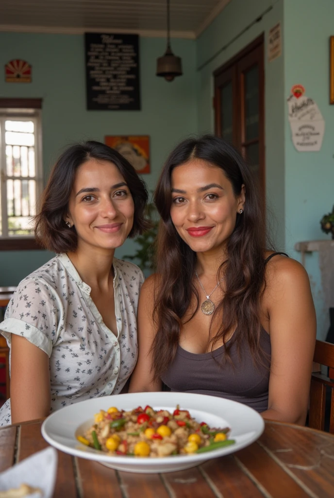 Menina parecida com a Jennifer Lopes laughing doing dinner