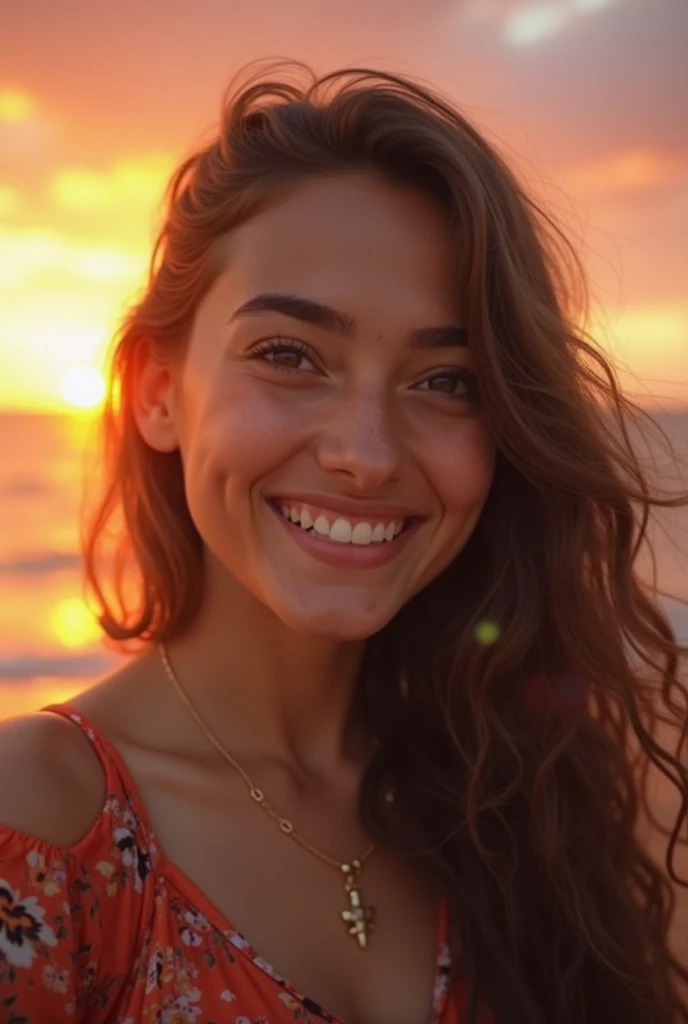  Latina girl, light brunette, masterpiece, Best Quality, ultra detailed, beautiful detailed face, Nice smile, beautiful almond eyes, hermoso atardecer on the beach, small construction, Smoothed hair, on the beach, Topless