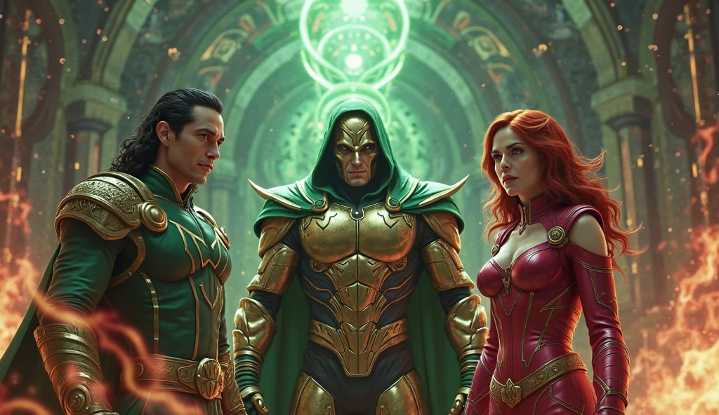 Make a group of men and women with powers, and medieval-style superhero clothes, a woman who controls water, a man of fire, a man who controls dark energy, antimatter, two green-haired twins with green eyes who control animals