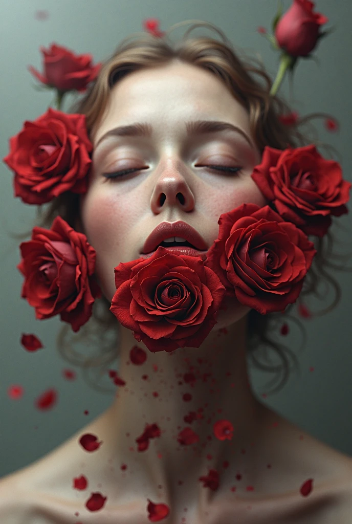 there is a woman holding a rose in front of her face, girl with a flower face, red rose in hair, holding a red rose, holding a rose, huge rose flower face, giant rose flower as a head, girl with a flower head, cover photo portrait of du juan, a young asian woman, mingchen shen, an asian woman, asian female --auto --s2