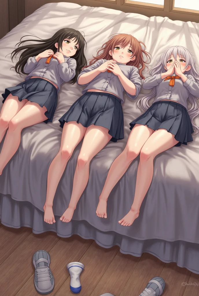 Browsing Caution,Vulgarity,lily[:1.5],Three people[:1.5],,Silver Hair, cute, Embarrassing, White blouse, Black knee-length skirt, Black knee-high socks,, ,Pink Good,Pink Panties,,Spread your legs,Love Juice,Pussy juice stain,Long black hair,White socks､,Folded[:1.2],Grab their legs and hug them ,See through,stand up[:1.2],On the bed[:1.5],Lift from behind,,Skewers,Strawberry Blonde Hair,Put your body between their legs
