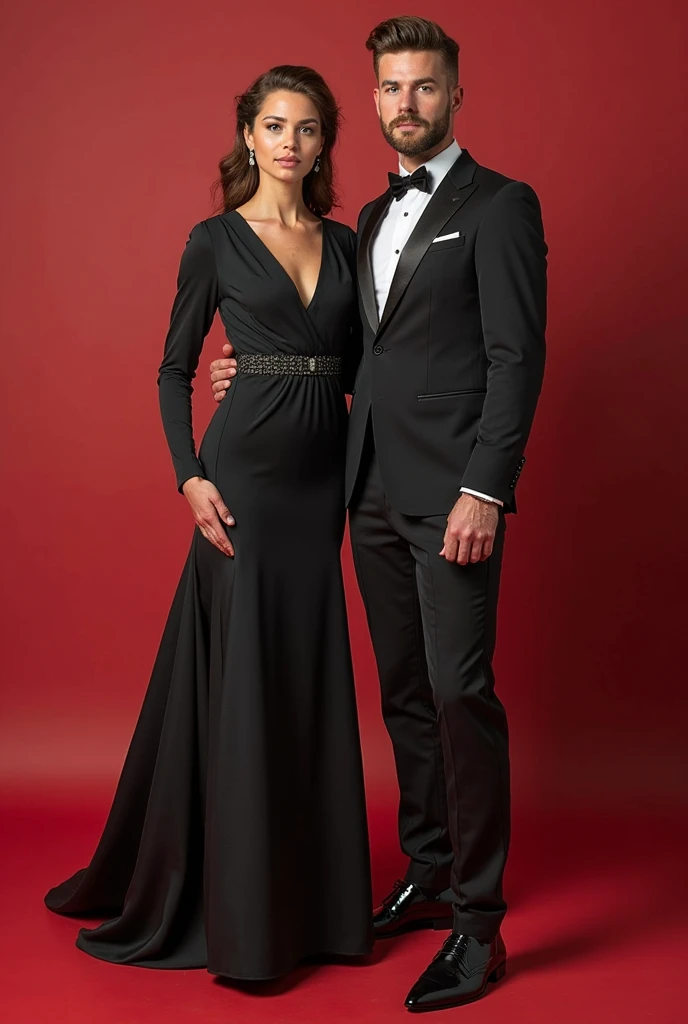 A striking figure is clearly divided down the middle, with one half representing a woman and the other a man. The female half is elegantly dressed in a flowing, red evening gown with delicate lace detailing along the neckline and sleeves. Her hair is styled in soft curls, and she wears a single earring that sparkles in the light. The male half is dressed in a sharp, black tuxedo with a crisp white shirt and a bow tie. His hair is neatly combed, and he sports a polished black shoe. The contrast between the two halves is seamless yet distinct, highlighting the duality of gender in a single person. [Una figura sorprendente è chiaramente divisa a metà, con una parte che rappresenta una donna e l'altra un uomo. La metà femminile è elegantemente vestita con un abito da sera rosso, fluente, con delicati dettagli in pizzo lungo lo scollo e le maniche. I suoi capelli sono acconciati in morbidi riccioli e indossa un solo orecchino che brilla alla luce. La metà maschile è vestita con un elegante smoking nero, una camicia bianca impeccabile e un papillon. I suoi capelli sono pettinati con cura e indossa una scarpa nera lucida. Il contrasto tra le due metà è fluido ma distinto, evidenziando la dualità di genere in una sola persona.]