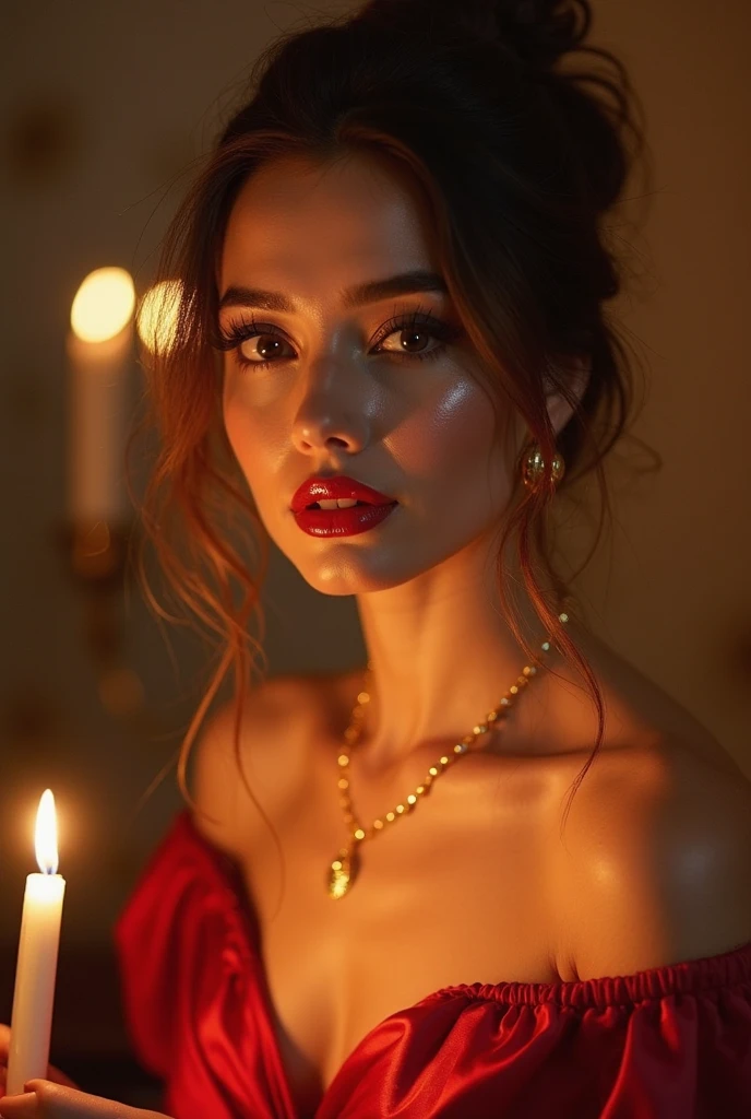 A candle-bearing ultra hot gorgeous European woman. Age 23. epic cleavage (100e size), full red lips. Off shoulder dress. detailed portrait, beautiful eyes, full lips, long eyelashes, random hair color. intricate hairstyle, elegant dress, dramatic lighting, soft warm colors, renaissance style, photorealistic, 8k, high quality, masterpiece