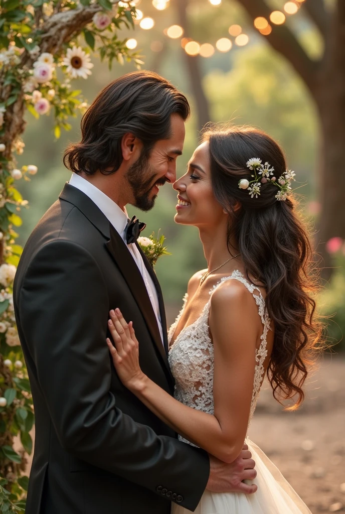 Crie uma imagem que ilustre o dia do casamento de Mariana e Ricardo, highlighting the realization of their dream wedding:
Mariana e Ricardo Radiantes:
Mostre o casal juntos, vestidos de noiva e noivo, sorrindo e felizes, maybe hugging or exchanging vows.
Intimate and Personalized Ceremony:
Cozy atmosphere with personalized decor, incluindo um arco floral e cadeiras decoradas.
Handmade Decorations:
Destaque centros de mesa, enfeites e lembrancinhas artesanais, com etiquetas e fitas personalizadas.
Flores Escolhidas com Cuidado:
Arranjos florais bonitos, bouquets and garlands scattered around the venue.
Ambiente Repleto de Alegria:
Capture a alegria dos convidados, mostrando pessoas sorrindo, conversando e celebrando.
Tranquilidade Financeira:
De forma sutil, include a closed manual with a warning symbol "check" ou "concluded" ao lado, sugerindo sucesso no planejamento financeiro.
Ambience and Context Soft lighting that enhances the magical atmosphere, com velas acesas e uma paleta de cores harmoniosa.
A imagem deve transmitir felicidade, love and the realization of a dream, sem comprometer a estabilidade financeira do casal.