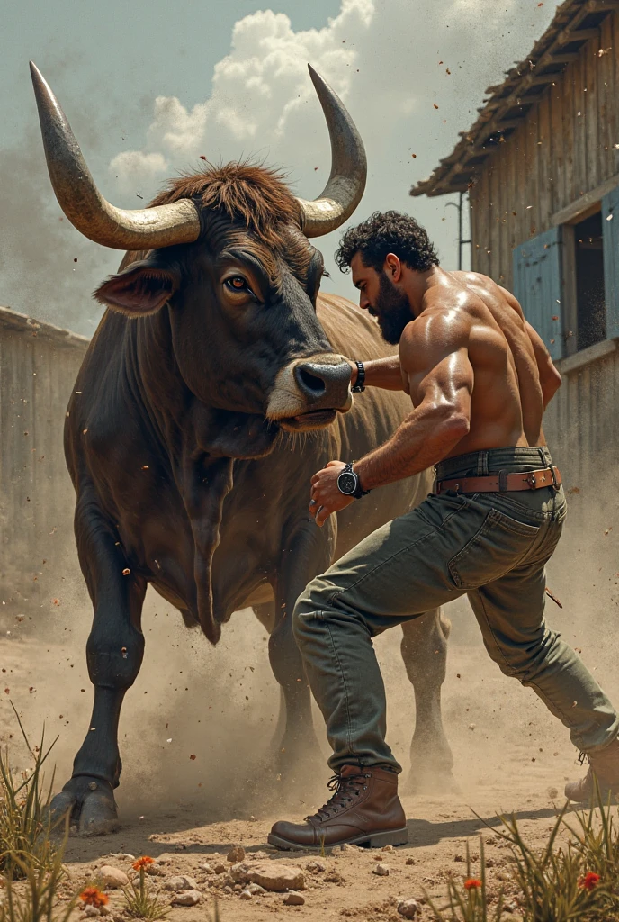 A man began to bring a huge cow from the river on his head
