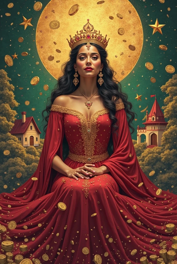 A woman with long flowing black hair in front of a large pot of coins wearing a red dress and a thick belt