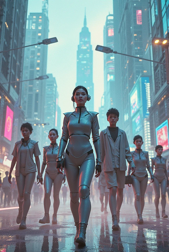 dutch angle, far shot, top down short, group of dancing male are dancing on the street of cyberpunk Saigon city, wearing a silver tech vest, cyber helmet mask. Gray city, deserted streets, skyscrapers with sparkling blue LED lights. Lighting: Gray tones with dim neon lights. Effects: Smoke and blue light running along the buildings. Special: Stifling and quiet atmosphere, city not activated.