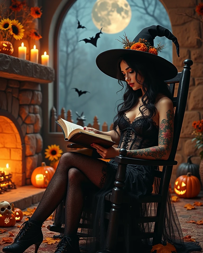 Dark skin female gothic with a witch hat and wearing a black dress and black fish net thigh highs, holding a wand while holding a spell book while sitting in the living room.