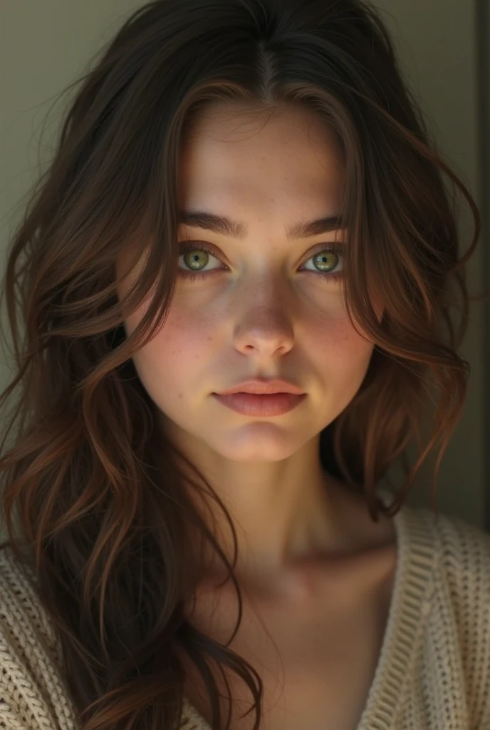 woman,slim,beautiful,large eyes,green eyes, Whole body, wide face, Wide nose, thick lips,hair, chestnut,seeds,, hair largo, staring straight into the camera,head on ,full figure, Whole body, super detailed hands,with ripped jeans,top color negro,military boots, full figure, Whole body,standing,on the steps of a staircase.