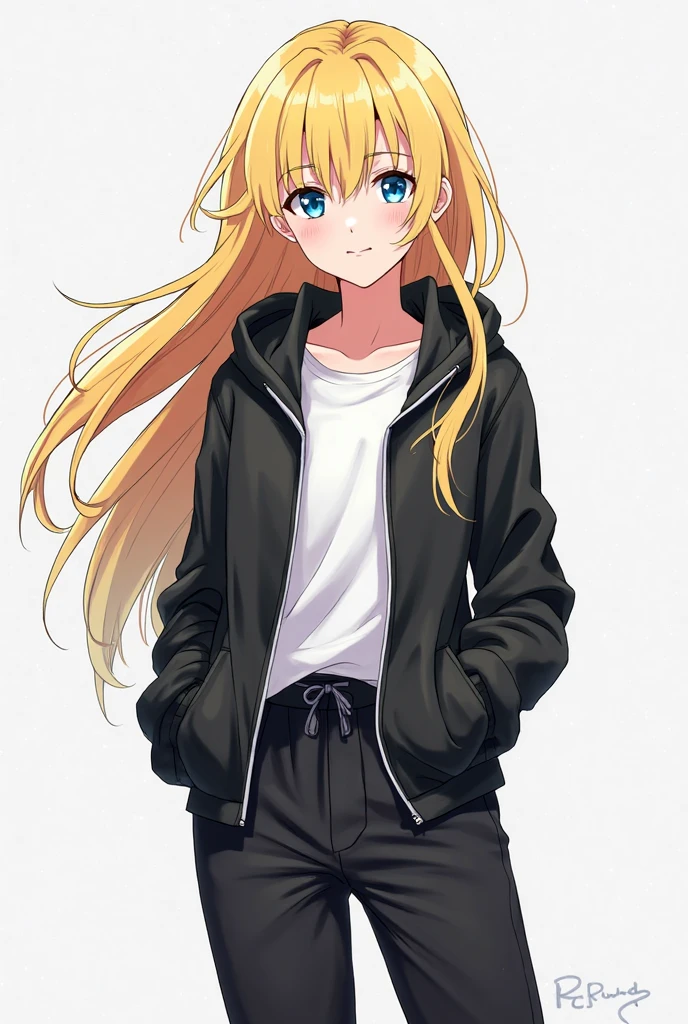 masterpiece,best quality,game cg,<lora:ijichi_nijika:1>,side_ponytail, smile, 1girl, blue_pants, black_hoodie, hoodie, white_background, solo, pants, hood, denim, thigh_gap, bocchi_the_rock!, blush, long_sleeves, simple_background, hands_in_pocket, hood_down, ijichi_nijika, ahoge, open_mouth, cowboy_shot