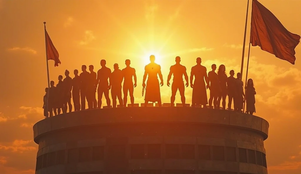 14 man with super power standing side by side in a cliff lokiin at the sunset
