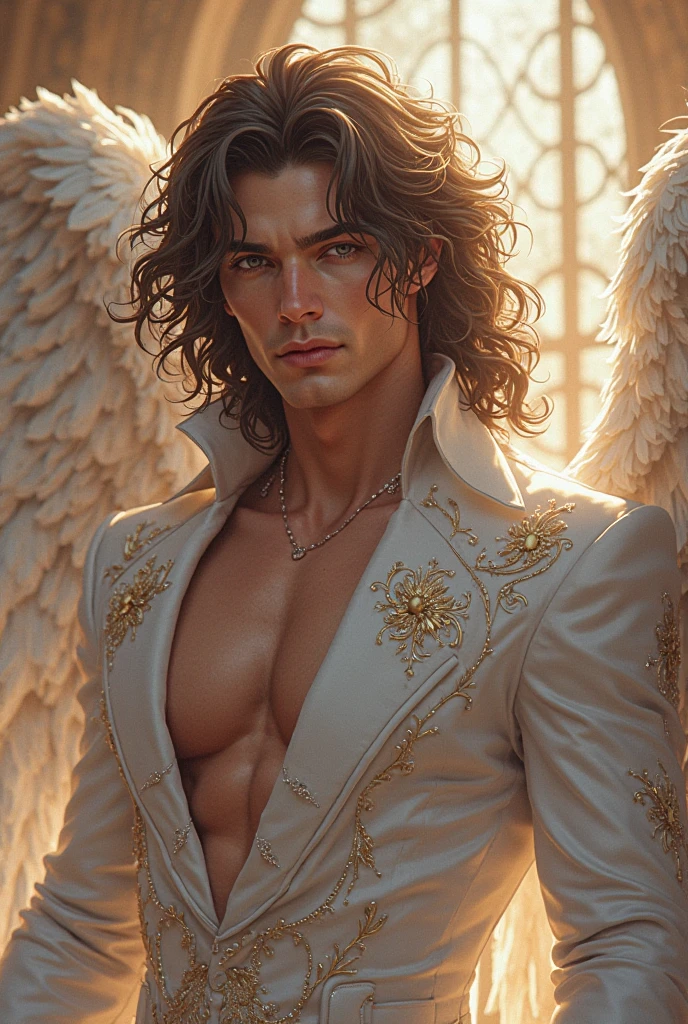 Handsome man with Latin mulatto skin and attractive features, tanned skin tone, dark blue eyes with friendly expression, huge white wings coming out of his back, thick muscles, medium long men's haircut, black brown hairstyle, small beard, angel making an extravagant and expensive teddy bear costume on halloween, tattoos around the body.