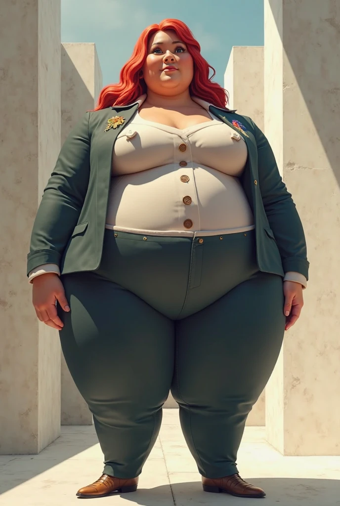 A plane passenger detailed photo of a Beautiful ginger SSBBW, with long wavy ginger hair, with big soft fat belly, thicc fat arms, thicc wide legs, big breast, in a cute green top tucked in her pants, and black pants, at airport waiting for the plane, with a suitcase next to her