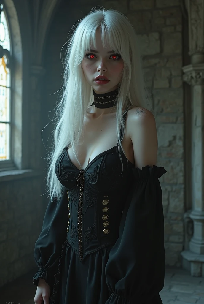 goth girl, white hair, heavy goth makeup, portrait, dark, cropped corset top, choker, armpit, sweaty skin, navel, deep navel,