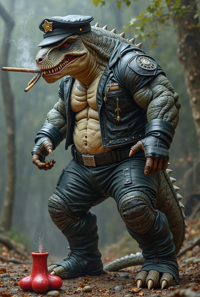 Strong omem with the body of man and (face) being of an animal ((crocodile)) and muscular, angry street, dress in jeans, backpack, realistic epic, photo, faded, complex things around, intricate background, soaked, neutral colors, (((((HDR)))), ((((soft colors)))), intricate scene, artistic station, intricate details, vignette