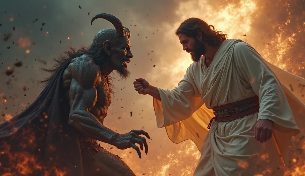Juses  arm wrestling  with demon 