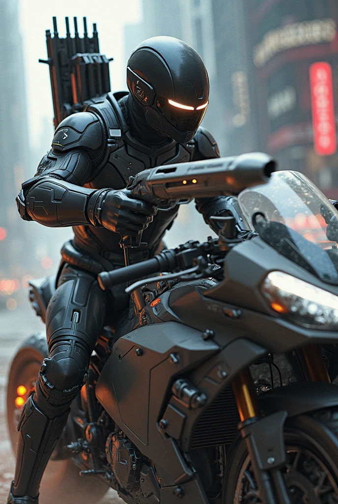 Strong handsome full body black mecha cyber handsome warrior, hands on chest, cyber mechanical motorcycle, high-tech black full enveloping faceless helmet, Nousr, biomechanics, MSHN robot man, high-tech helmet, surreal, steel, intricate design, crazy details, fine details, extremely clear lines, cinematic lighting, photorealistic, detailed masterpiece