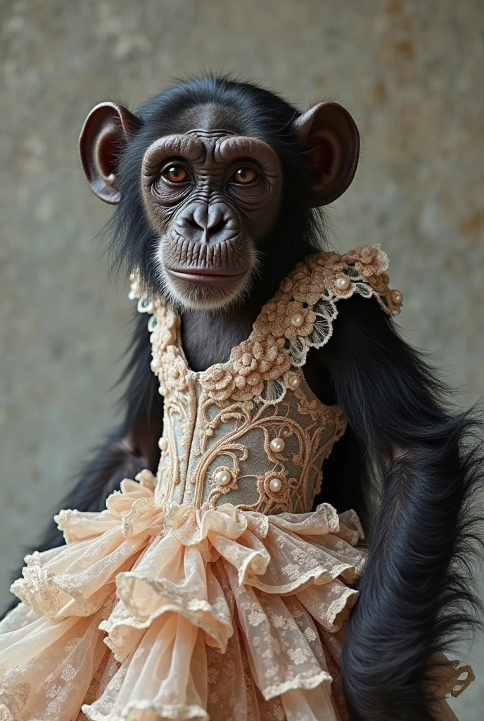 chimp woman wearing a dress photo shoot