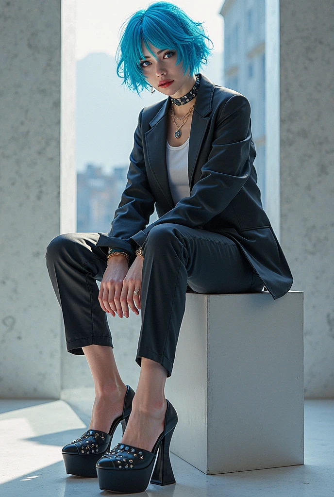 Mirellia_Q_Melromarc, perfect_breasts, purple_hair, purple_eyes, jewelry, earrings, beautiful, beautiful woman, perfect body, perfect breasts, wearing a white formal shirt, black blazer, black trousers, handbag, wearing a watch, wearing earrings, in public, creatures in tokyo city, being on the street, looking at the viewer, a slight smile, realism, masterpiece, textured skin, super detailed, high detail, high quality, best quality, 1080p, 16k