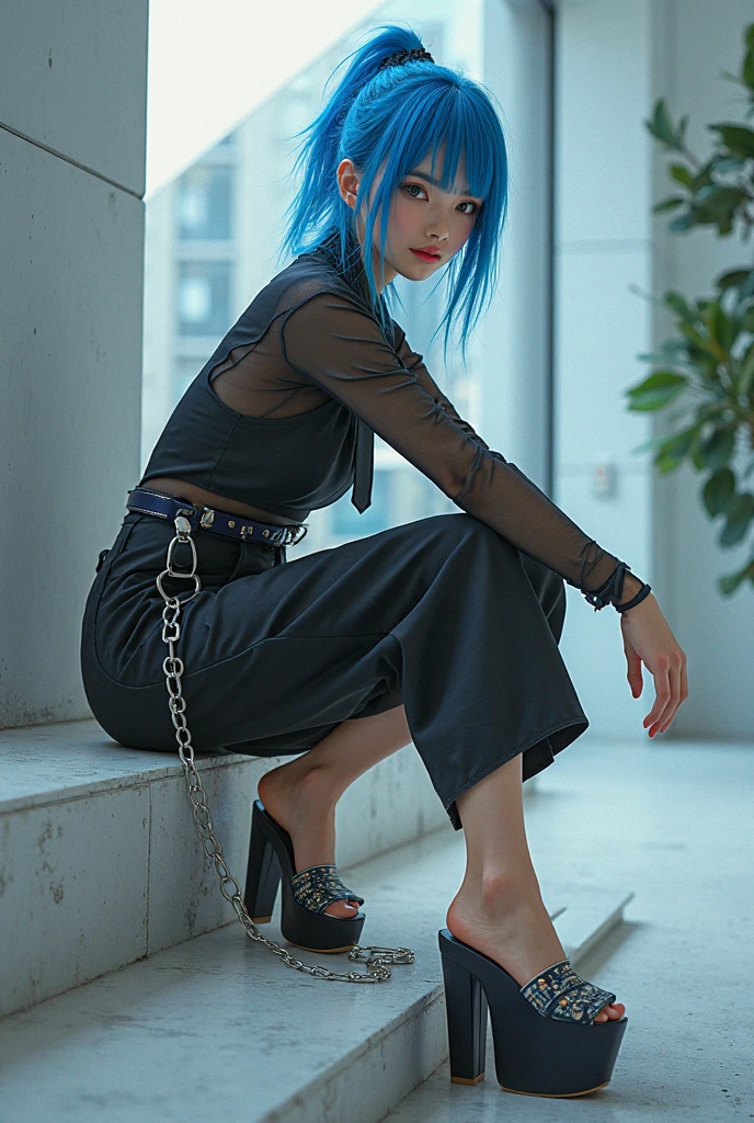 blue hair, 1girl, alley, arm tattoo, back tattoo, barcode, barcode tattoo, bare shoulders, black dress, blue eyes, blue hair, body writing, bodypaint, breast tattoo, breasts, chest tattoo, dress, facial tattoo, heart tattoo, leg tattoo, lipstick, makeup, number tattoo, open mouth, short hair, shoulder tattoo, smile, tally, tattoo