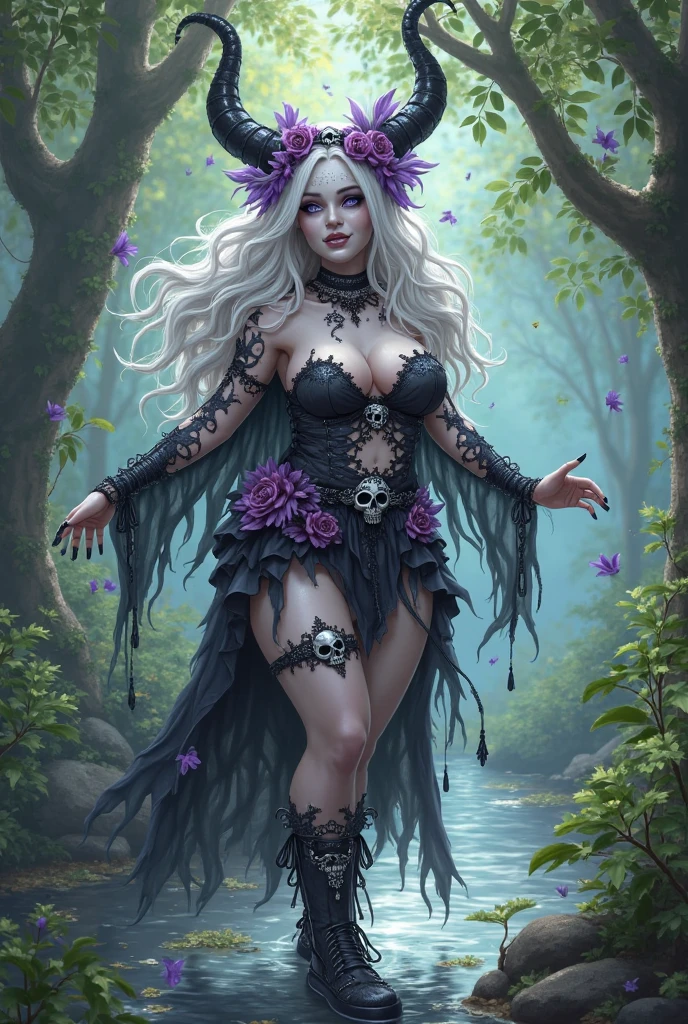 sexy full shot body photo of the most beautiful artwork in the world, illustration, cinematic light, fantasy, highres, highest quallity, ultra detailed, best quality, masterpiece, (detailed face), sexy mature woman wears a shirt and (torn) fullbody (transparent galaxy) cloths coat, floating cloth, choker, glowing (elder underworld fantasy) forest plants with neon details, open shoulders, tiny glowing butterfly, hair jewery, wearing a torn witch hat, (focus on body:1.25), night, small mutated animals in background, torn mini skirt ,a potion on hip, shoulder pads emitting magic energy, cameltoe, dark, light reflection