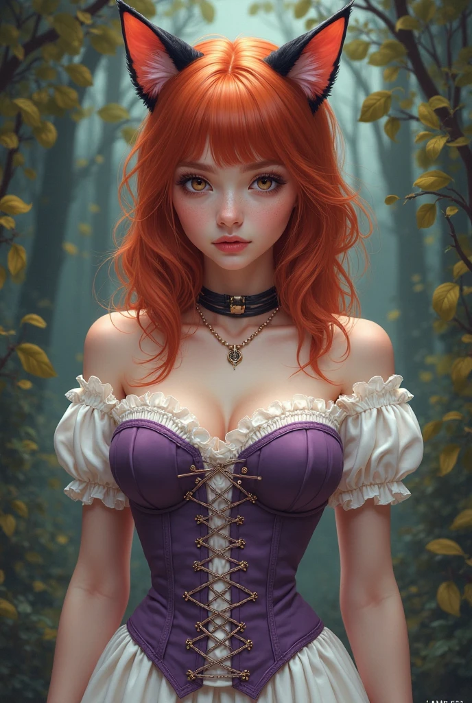 A redhead , com roupa preta , with green eyes with magic