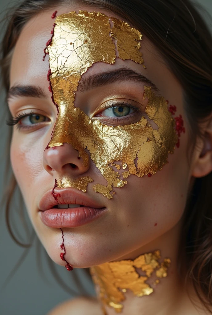 a close-up of a person holding a skull-headed body with molten gold wrapped around it