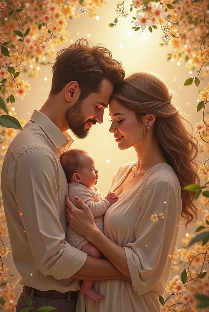 A mother of. medium wavy hair, Holding her baby daughter with her husband The setting is a luxurious MERMAID themed baby girl's 1st birthday party