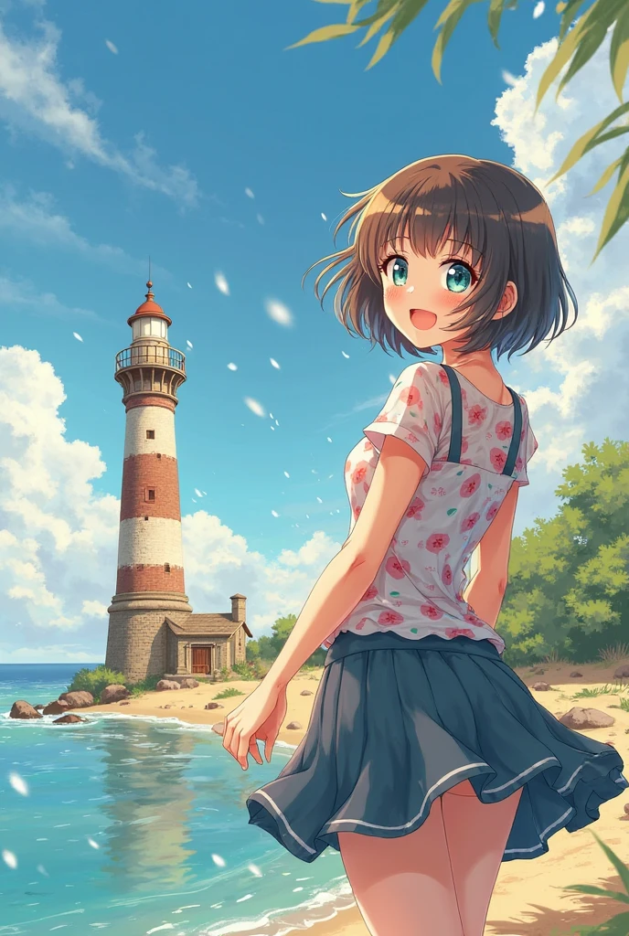 Tips: A very charming little girl with a backpack and her cute little dog enjoying a lovely spring outing on the beach. The illustration is a high-definition illustration in 4K resolution with highly detailed facial features and cartoon-style visuals.