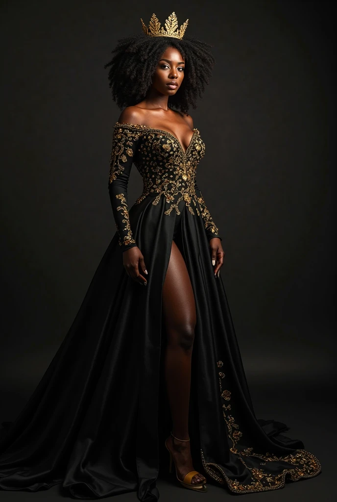 A photorealistic full body shot of Skin Diamond, beautiful detailed eyes, beautiful detailed lips, extremely detailed face and skin, long eyelashes, elegant expression, perfect skin texture, intricate jewelry, dark moody lighting, cinematic composition, dramatic chiaroscuro lighting, rich color palette, masterpiece, best quality, 8k, ultra-detailed, realistic, photo-realistic, elegant long dress, full body shot, high heels, gorgeous black woman, Alicia Keys, Janelle Monae, Tyra Banks