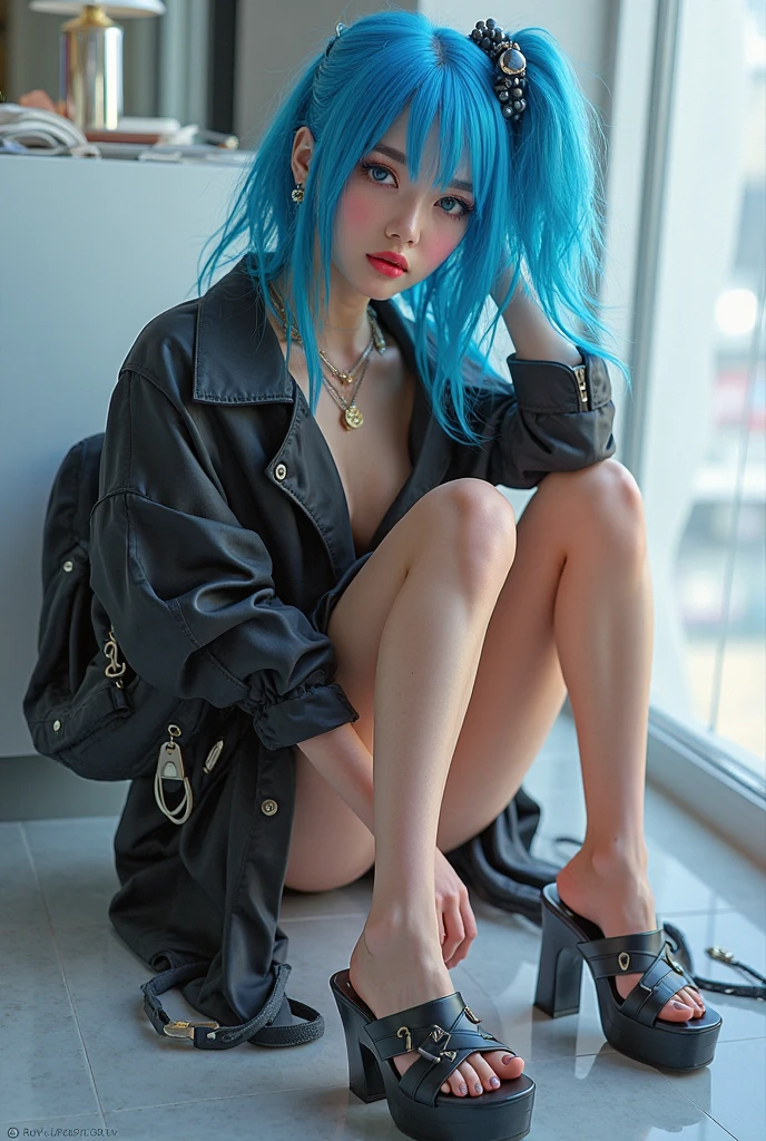 ((Best quality)), ((masterpiece)), (sitting on the road:1.3), (erotic pose:1), (highly detailed face:1.3), (higly detailed eyes:1.5), In the dark and gritty dystopian city Piltover, (JinxLol:1.3), (ultra photorealistic:1.3), (masterpiece:1.4), best quality, ((realistic)), high quality, ultra detailed, ((Real picture)), ((realistic skin)), ((realistic face)), (best quality:1.1), (illustration:1.05), (1girl:1.05), (beautiful:1.05), (beautiful detailed eyes:1.05), (cinematic light:1.1), light blue highlights, (full body)