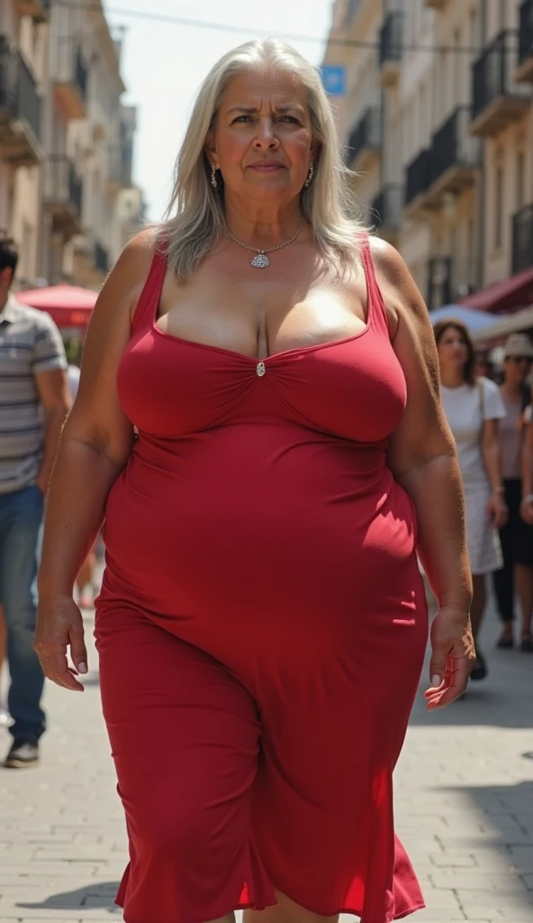 Middle-aged woman, super jumbo breasts, chubby, naked, in the midst of a crowd of people