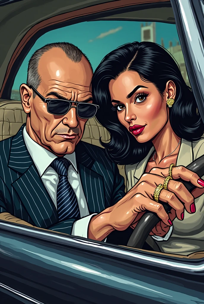 there is a man Roberto De Niro and woman (Adriana Lima :1.1) red lips, green eyes, standing in a living room, mafia background hyper detailed, pc screenshot, realistic art deco, noir detective and a fedora, background artwork, style ivan talavera and artgerm, art gta 5 comics, noir film world character design, game illustration, martin ansin artwork portrait, highly detailed characters, detective clothes, golden age