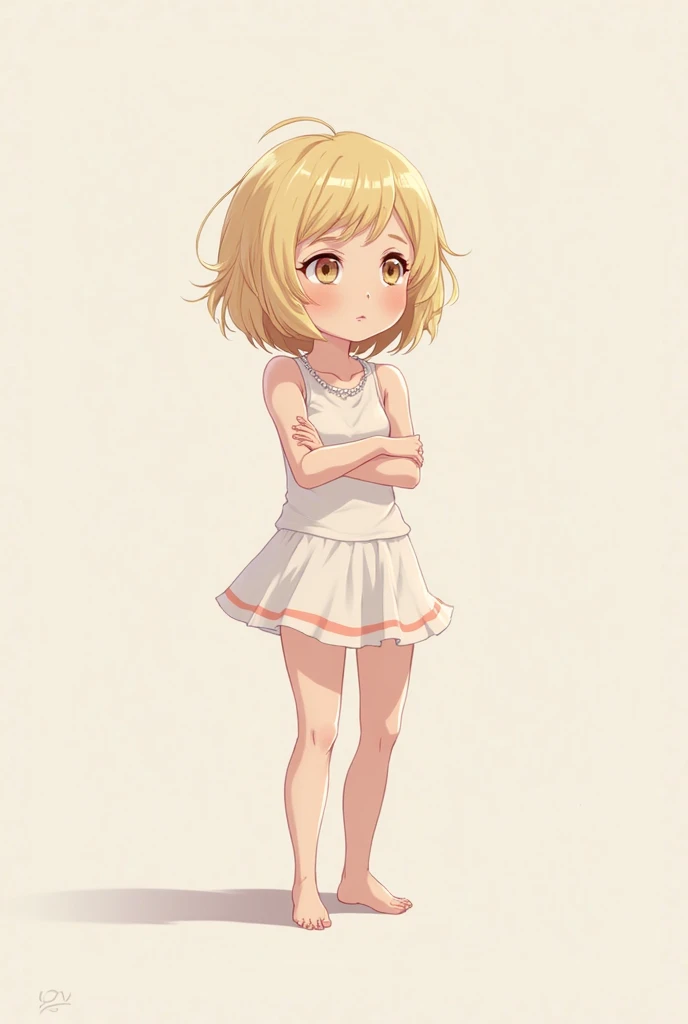 Full body, White background, Short, Yellow eyes, Yellow hair, Large breasts, Cute, Baby face, Swimsuit with frills, Standing, White background, No decorations, No background, Barefoot