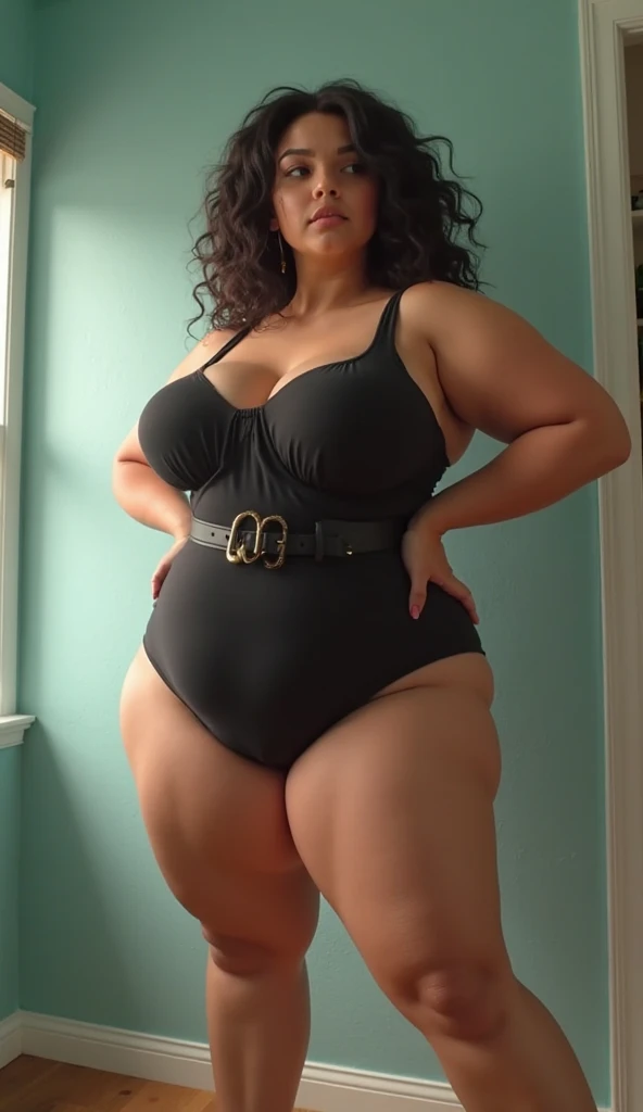 ((full body shot)) of (thick woman :1.5), slightly chubby face: 1.3, beautiful woman: 1.3, super detailed face, detailed eyes, thick hips :1.3, thick calfs: 1.3, wearing skimpy black latex swimsuit