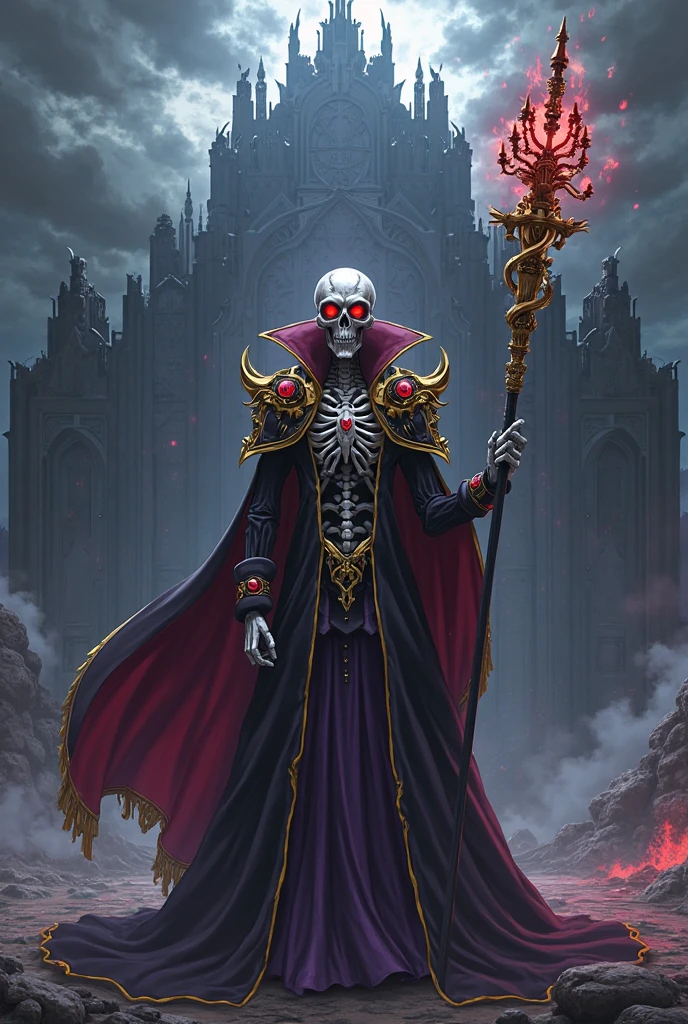 Necromancer with skulls on his shoulders, detailed clothes, dark and vivid colors, dark background