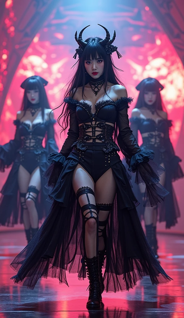 a stylish, dark-themed ensemble with elegant gothic elements. Her long, silver hair should flow gracefully, with strands framing her face. Yukina's expression should be confident and intense, capturing her strong and determined personality as the lead vocalist of Roselia. The background should be a concert stage with dramatic lighting and effects, emphasizing the electrifying atmosphere of a live performance. Pay attention to the intricate details of her outfit, including any accessories and the microphone she holds