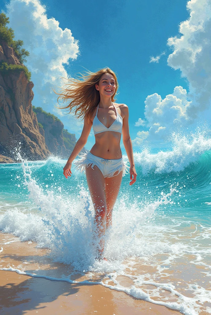 ((Low angle shot:1.9))、((Beautiful young woman in bikini smiling and jumping off a cliff into the summer sea:1.5))、Full body portrait、Sunburned skin、outstretched arms and legs、Great skin detail、Detailed facial features、Beautifully detailed eyes、Beautifully detailed lips、Highly detailed face、Long eyelashes、Cinematic lighting、Golden Hour Lighting、Bright colors、Photorealistic、Hyperrealistic、masterpiece、8k、High resolution、Super detailed、Photore