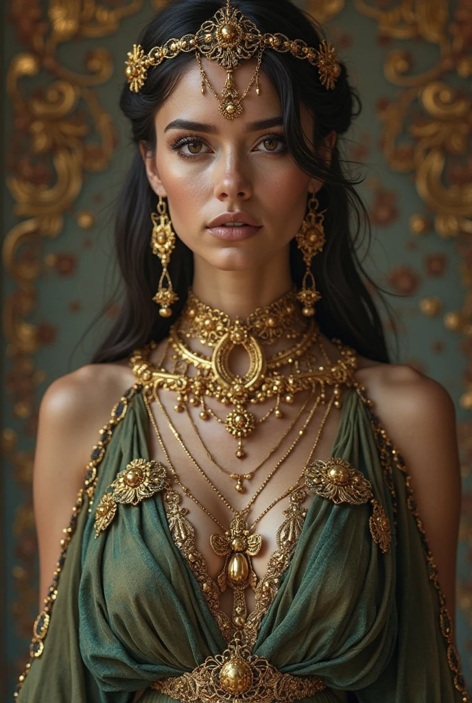  Young woman from ancient Egypt. Linda, sedutora , with red lipstick, Well made up .  period clothing .
Nobre with green hair in a pixie cut, In the throne room, luxurious emerald dress, sitting on the step, dramatic makeup, bright red lips.


