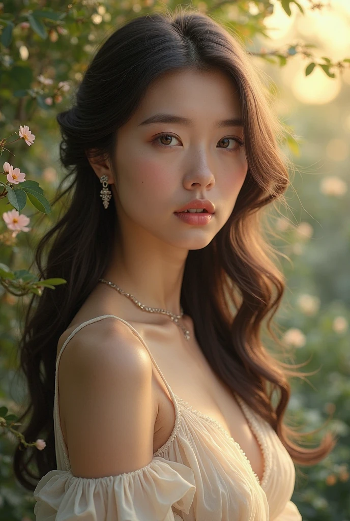 A beautiful young woman, sensual and alluring, gazing into the distance with a serene expression, long flowing hair, delicate facial features, wearing an elegant flowing dress, in a lush, vibrant garden setting with blooming flowers and verdant foliage, soft warm lighting, (best quality,4k,8k,highres,masterpiece:1.2),ultra-detailed,(realistic,photorealistic,photo-realistic:1.37),extremely detailed eyes and face,longeyelashes,beautiful detailed lips,portrait,romantic,warm colors,natural lighting