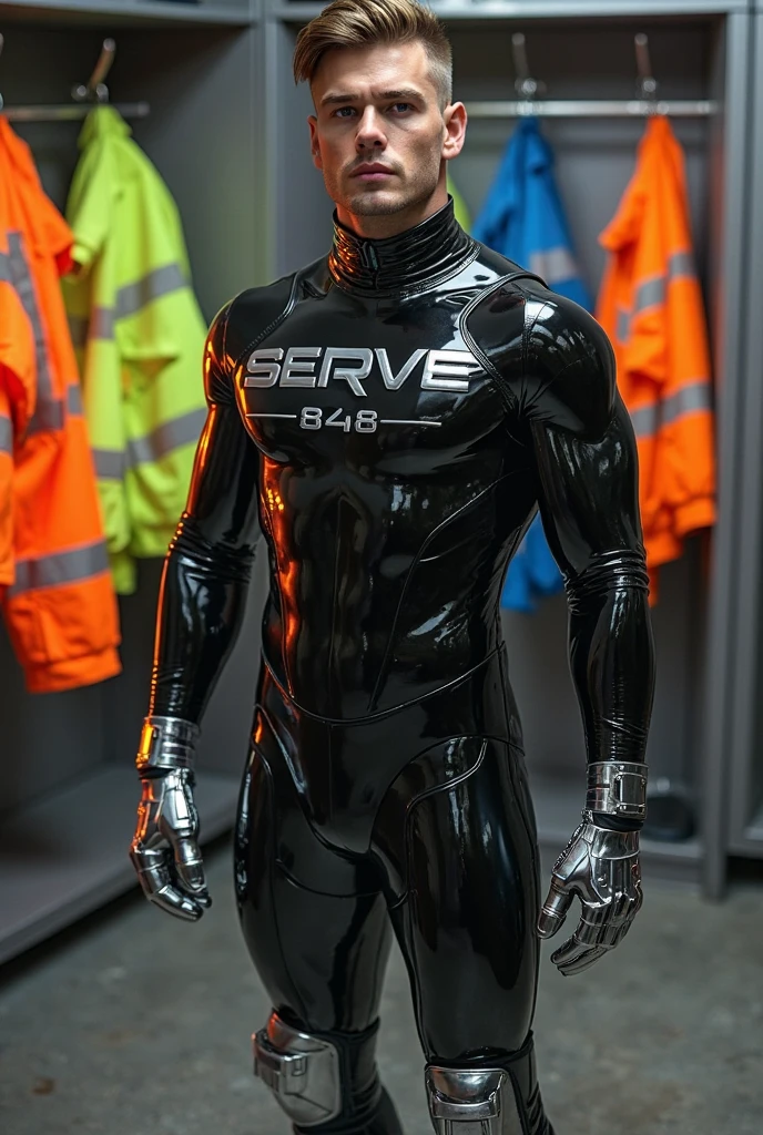 realistic, a man wearing orange rubber vest and shorts, hi-vis orange and silver, t <lora:100_male_rubber_drones_v1.1:0.55>, silver stripes