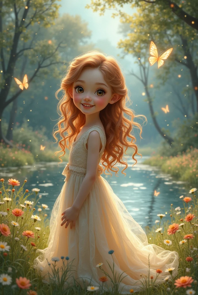 young girl with copper hair and brown eyes saying hello
