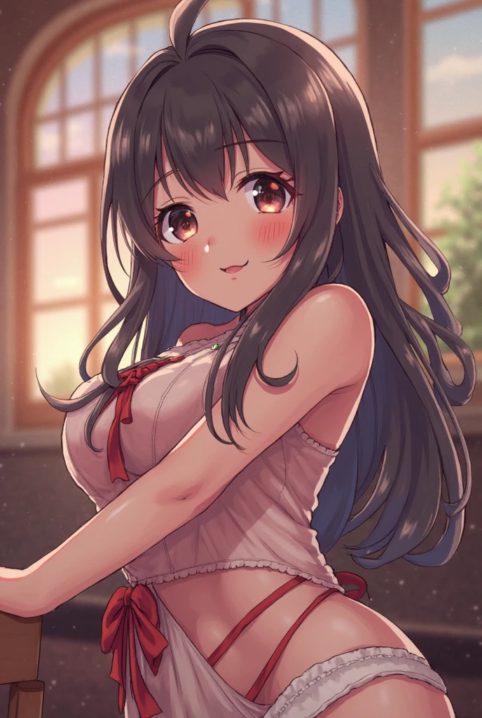 (work of art, best qualityer:1.2), 1 girl, cute pose, camisole, Off The Shoulder, Show panty, half open mouth, ssmile, blush, looking ahead at viewer 