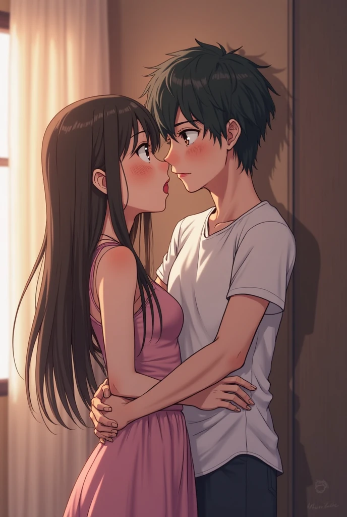 Amazing portrait of a sexy and  woman  wearing a black and white striped t shirt and a dark green skirt kissing and making out passionately with a shirtless boy on the bed in an intimate setting